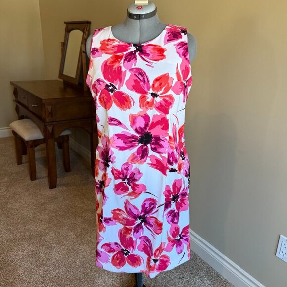 Mario Serrani sheath dress white pink flowers sleeveless office formal evening - Picture 1 of 8